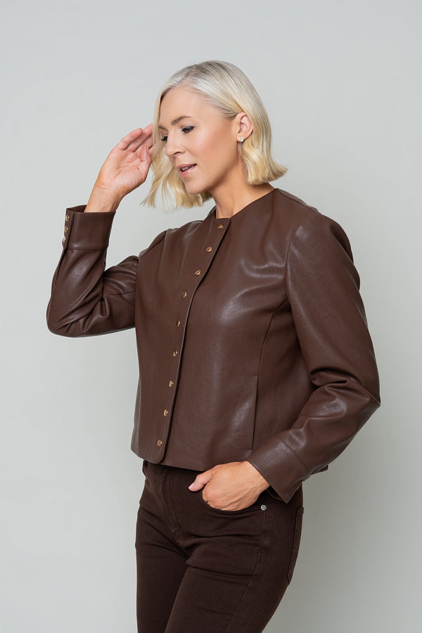 Carraig Donn Brown Faux Leather Collarless Button Placket Jacket