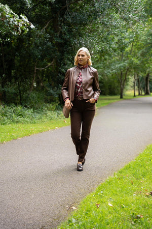 Carraig Donn Brown Faux Leather Collarless Button Placket Jacket