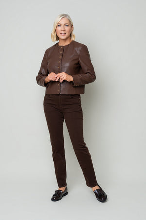 Carraig Donn Brown Faux Leather Collarless Button Placket Jacket