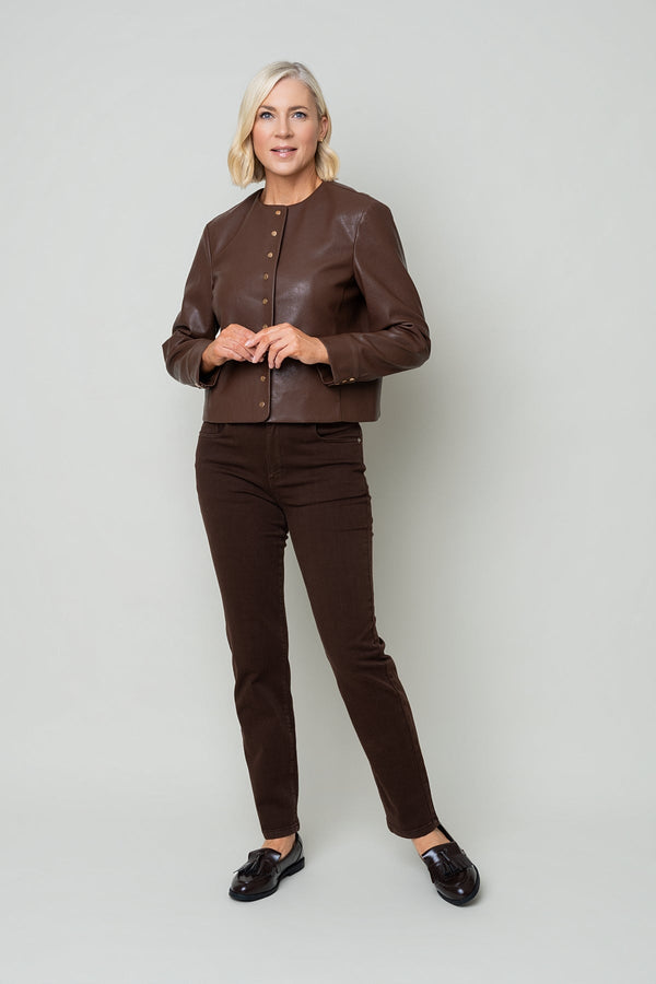 Carraig Donn Brown Faux Leather Collarless Button Placket Jacket