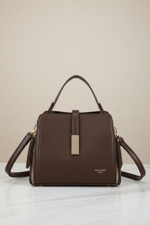 Brown Faux Leather Metal Detail Top Handle Tote Bag