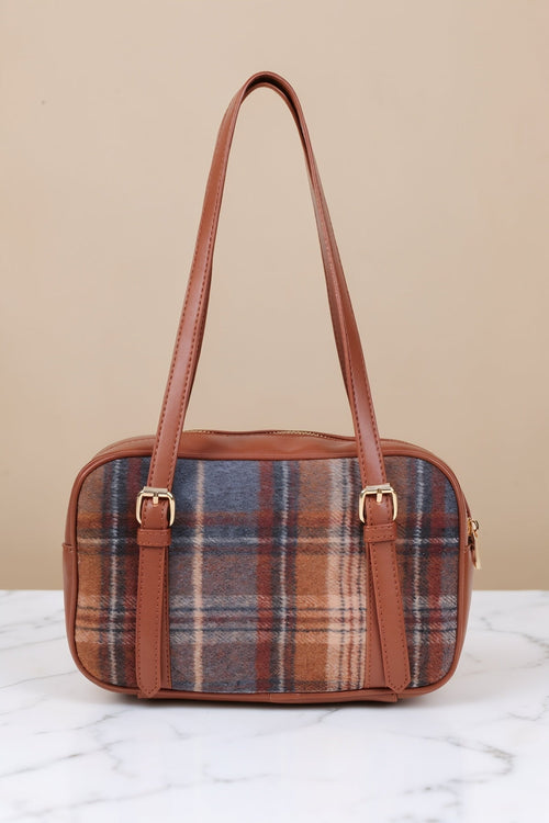 Brown Faux Leather Tartan Print Bowling Bag