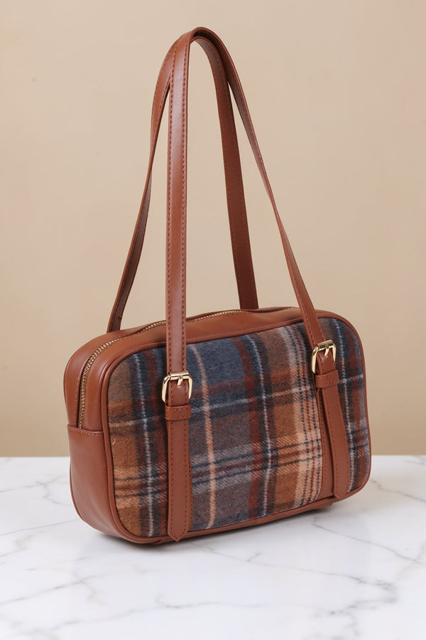 Carraig Donn Brown Faux Leather Tartan Print Bowling Bag