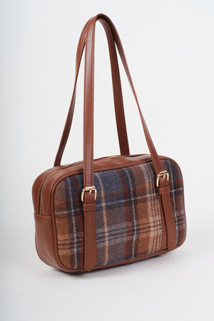 Carraig Donn Brown Faux Leather Tartan Print Bowling Bag