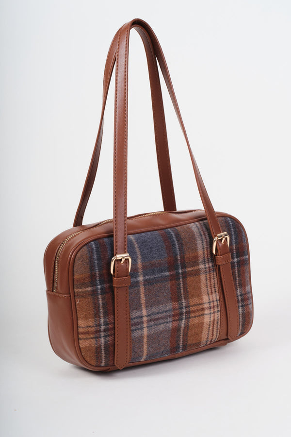 Carraig Donn Brown Faux Leather Tartan Print Bowling Bag