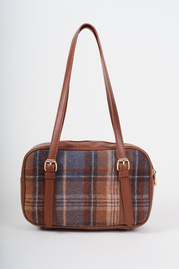 Carraig Donn Brown Faux Leather Tartan Print Bowling Bag