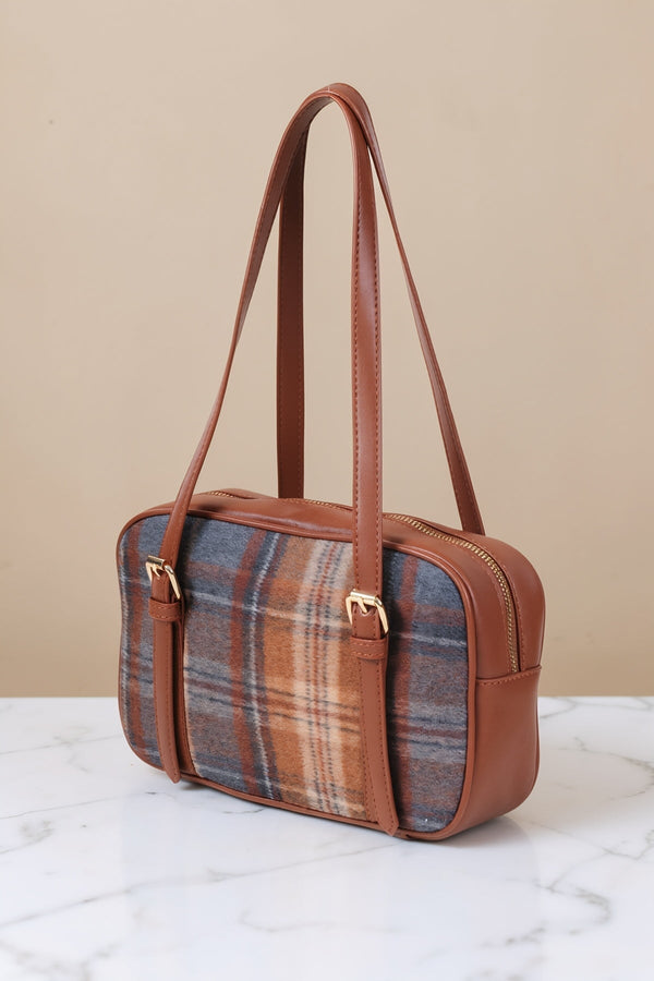 Carraig Donn Brown Faux Leather Tartan Print Bowling Bag
