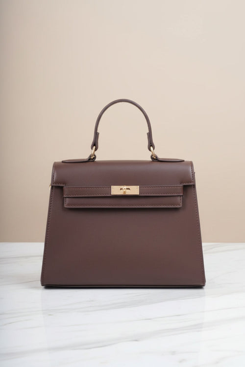 Brown Faux Leather Top Handle Tote Bag