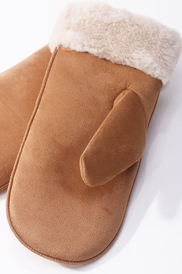 Carraig Donn Brown Faux Suede Faux Fur Trim Mitten Gloves