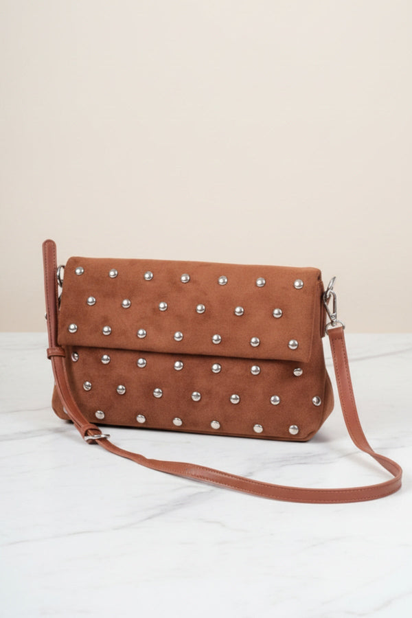 Carraig Donn Brown Faux Suede Silver Studded Shoulder Bag