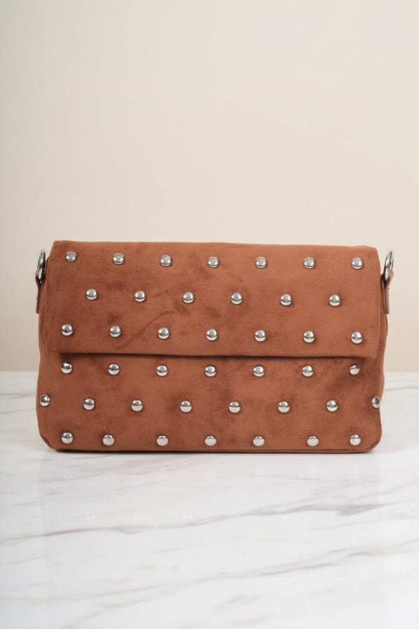 Carraig Donn Brown Faux Suede Silver Studded Shoulder Bag