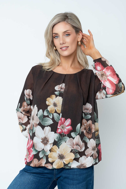 Brown Floral Print Chiffon Long Sleeve Blouse