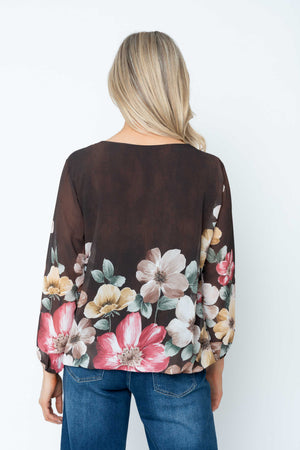 Carraig Donn Brown Floral Print Chiffon Long Sleeve Blouse