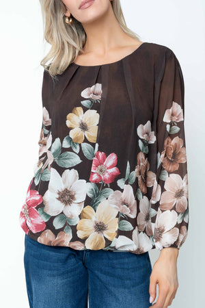 Carraig Donn Brown Floral Print Chiffon Long Sleeve Blouse