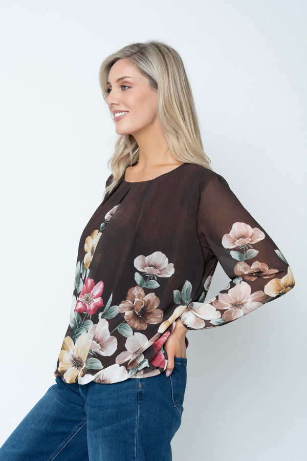 Carraig Donn Brown Floral Print Chiffon Long Sleeve Blouse