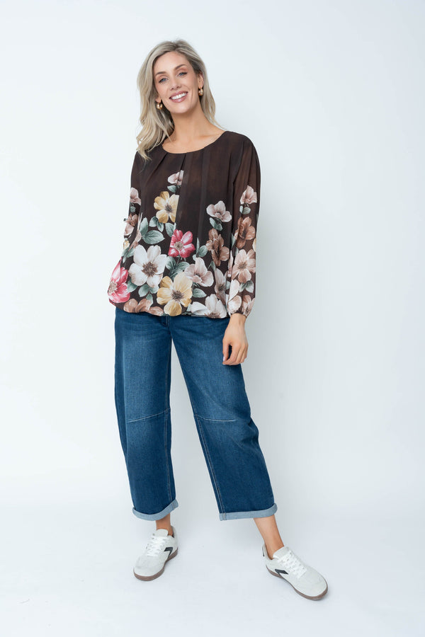 Carraig Donn Brown Floral Print Chiffon Long Sleeve Blouse