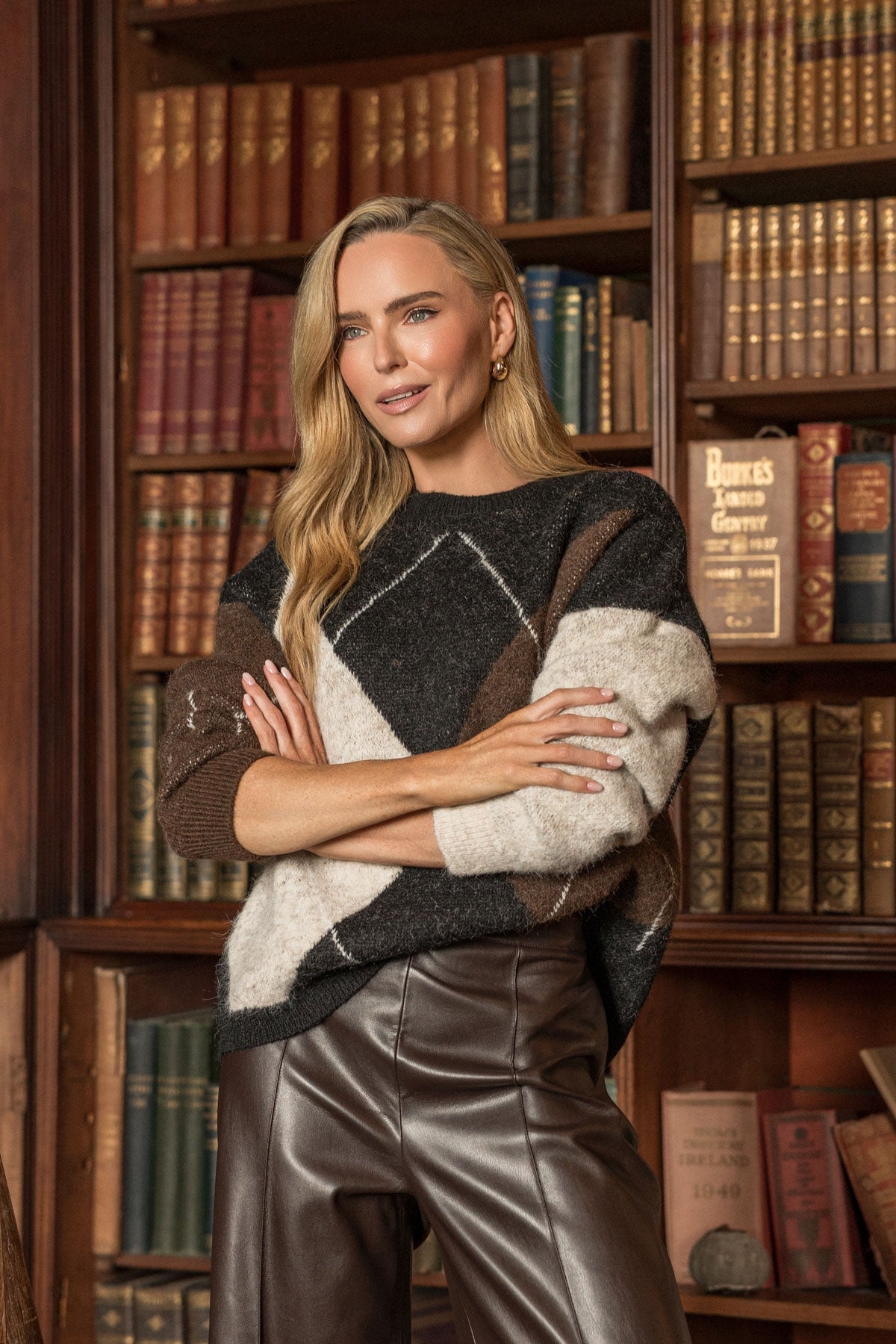 Brown Knitted Argyle Long Sleeve Jumper