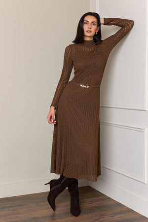 Carraig Donn Brown Lace A-Line Belted Long Sleeve Midi Dress