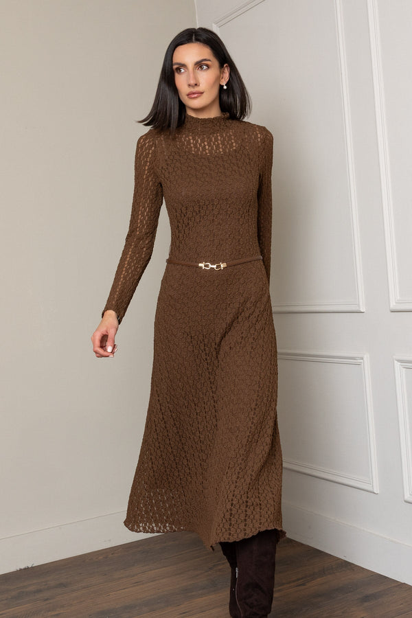 Carraig Donn Brown Lace A-Line Belted Long Sleeve Midi Dress