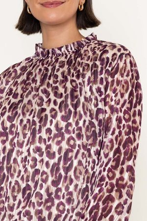 Carraig Donn Brown Leopard Print Chiffon High Neck Long Sleeve Top