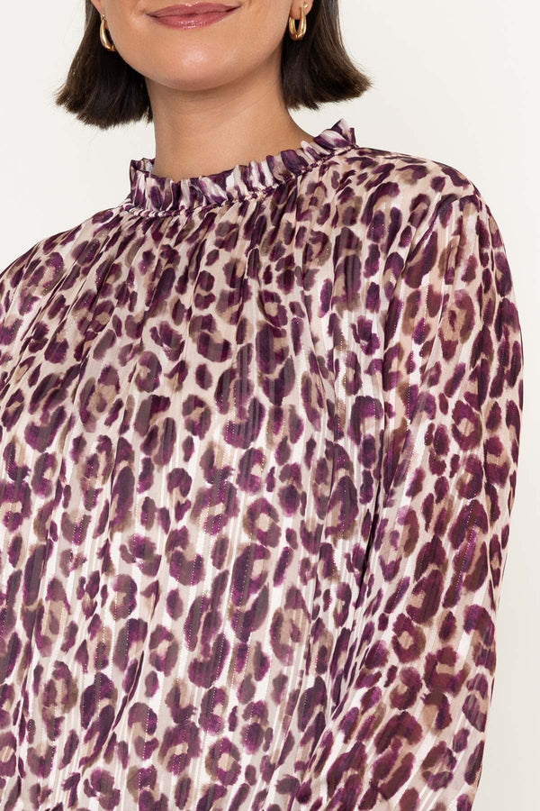 Carraig Donn Brown Leopard Print Chiffon High Neck Long Sleeve Top