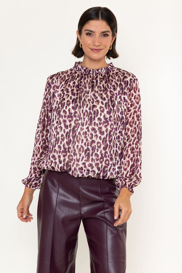 Carraig Donn Brown Leopard Print Chiffon High Neck Long Sleeve Top