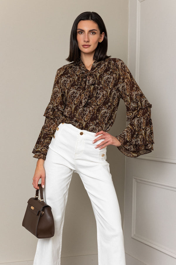 Carraig Donn Brown Paisley Print Ruffle Sleeve Blouse