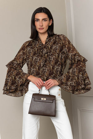 Carraig Donn Brown Paisley Print Ruffle Sleeve Blouse