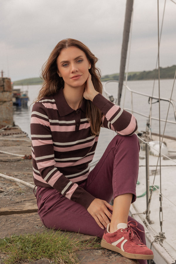 Carraig Donn Brown & Pink Striped Viscose Blend Regular Fit Soft Touch Shirt Collar Jumper