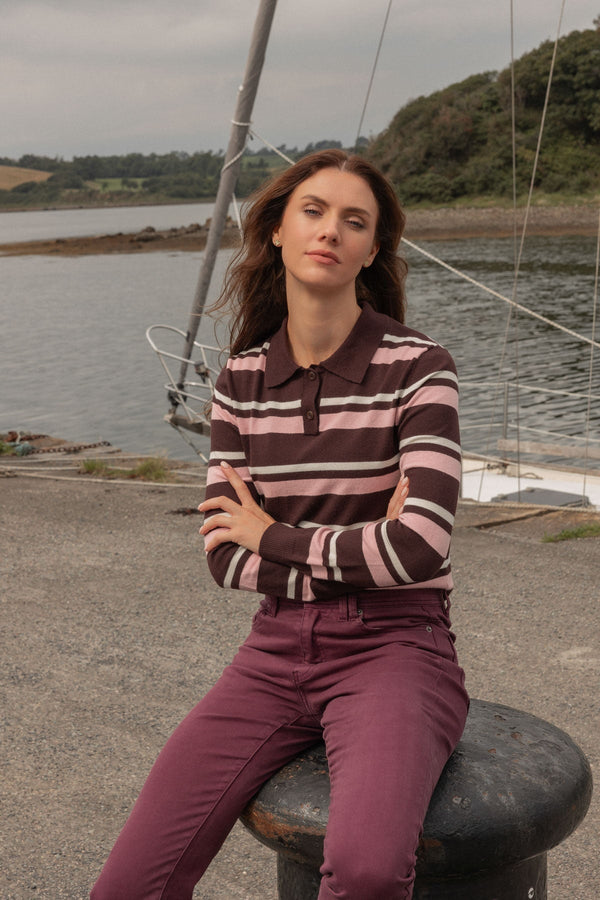 Carraig Donn Brown & Pink Striped Viscose Blend Regular Fit Soft Touch Shirt Collar Jumper