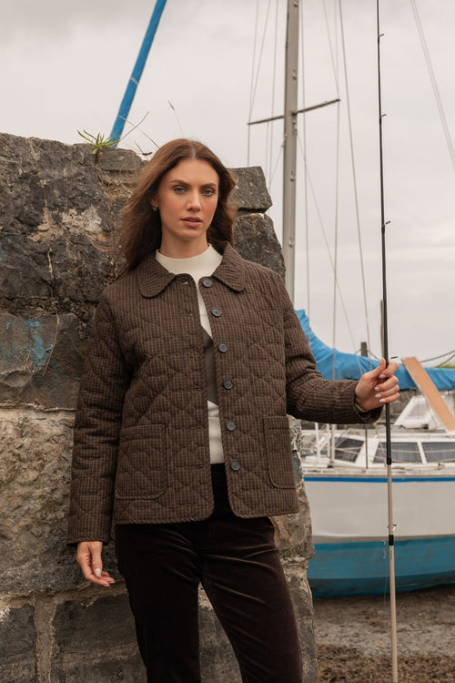 Brown & Plum Checked Quilted Long Sleeve Jacket