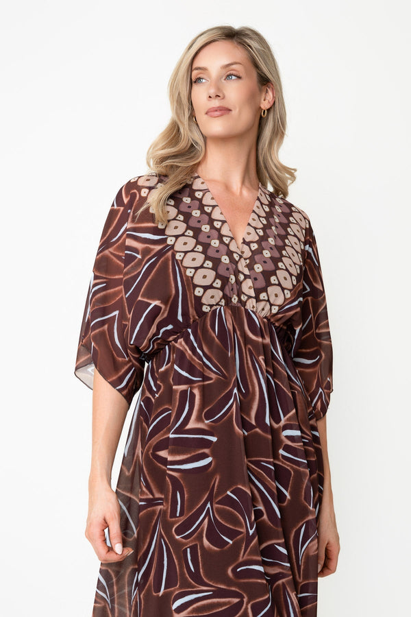 Carraig Donn Brown Print A-Line Empire Waist 3/4 Length Sleeve Midi Dress