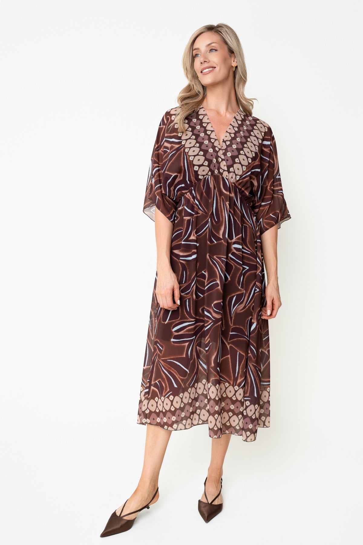 Brown Print A-Line Empire Waist 3/4 Length Sleeve Midi Dress