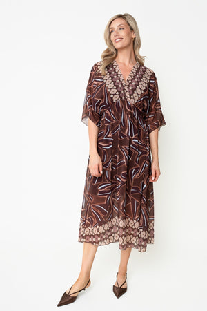 Carraig Donn Brown Print A-Line Empire Waist 3/4 Length Sleeve Midi Dress