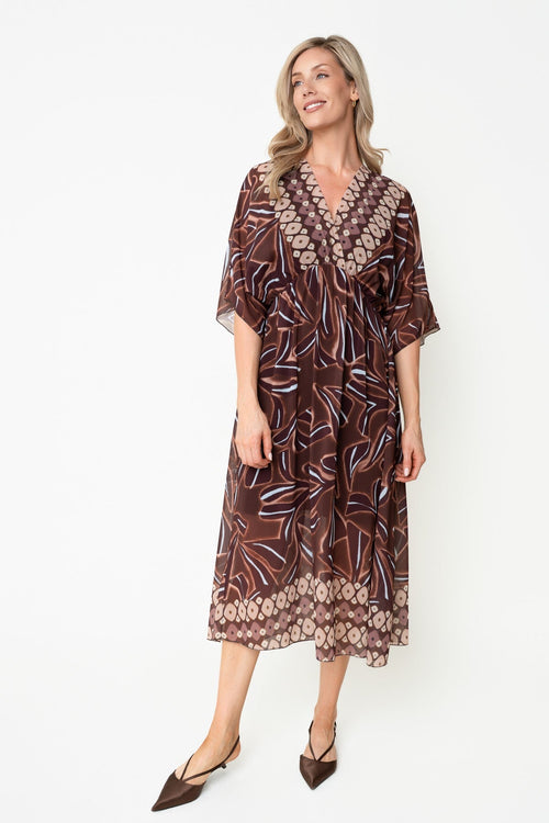 Brown Print A-Line Empire Waist 3/4 Length Sleeve Midi Dress