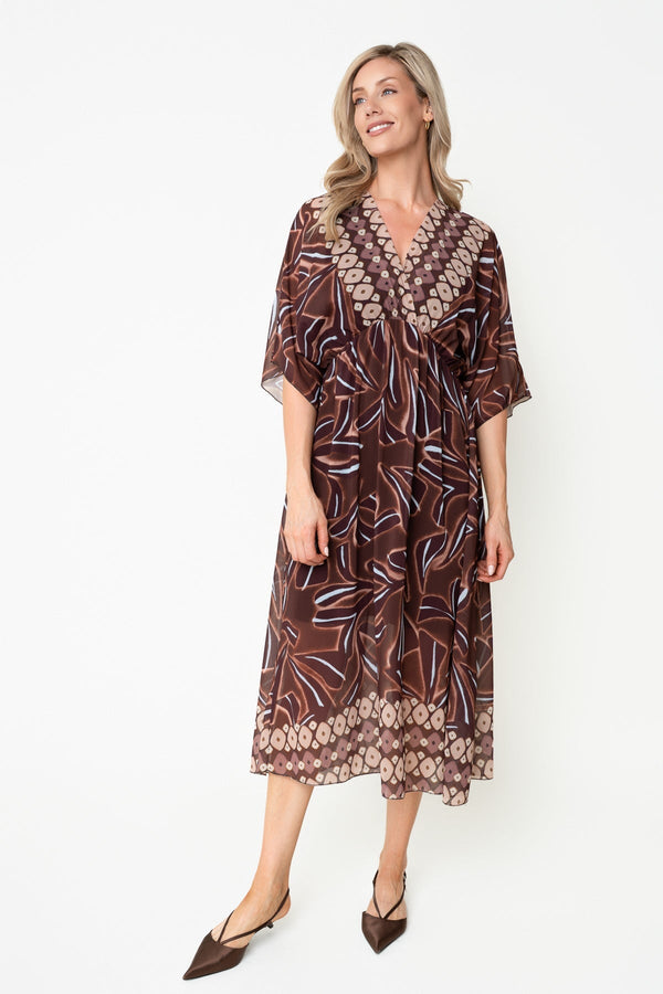 Carraig Donn Brown Print A-Line Empire Waist 3/4 Length Sleeve Midi Dress