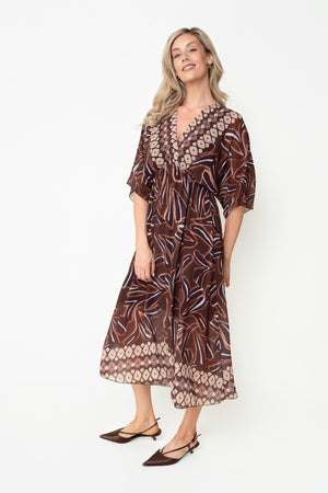 Carraig Donn Brown Print A-Line Empire Waist 3/4 Length Sleeve Midi Dress