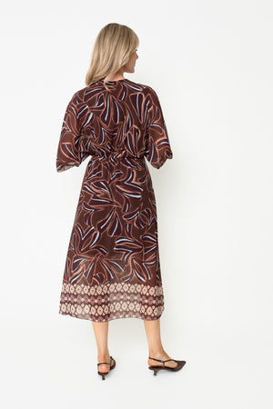 Carraig Donn Brown Print A-Line Empire Waist 3/4 Length Sleeve Midi Dress