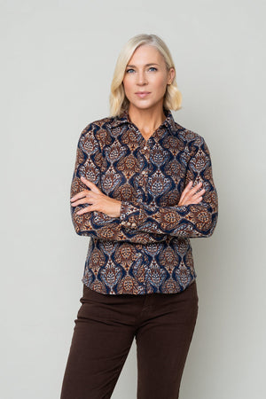 Carraig Donn Brown Print Collar Neck Gold Button Long Sleeve Shirt