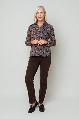 Carraig Donn Brown Print Collar Neck Gold Button Long Sleeve Shirt