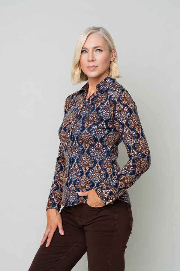 Carraig Donn Brown Print Collar Neck Gold Button Long Sleeve Shirt