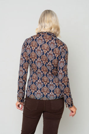 Carraig Donn Brown Print Collar Neck Gold Button Long Sleeve Shirt