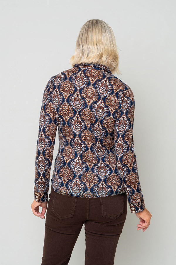 Carraig Donn Brown Print Collar Neck Gold Button Long Sleeve Shirt