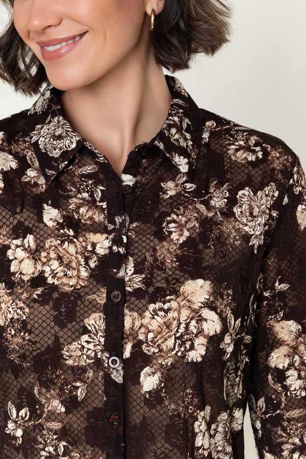 Carraig Donn Brown Printed Stretch Lace Button Down Long Sleeve Shirt