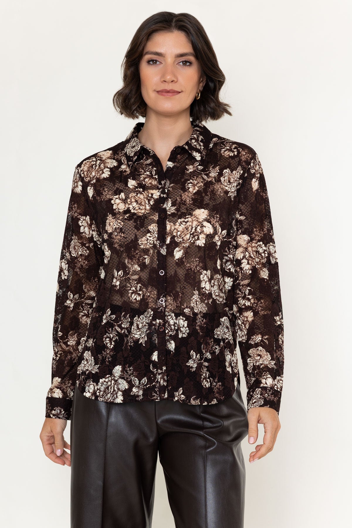 Brown Printed Stretch Lace Button Down Long Sleeve Shirt