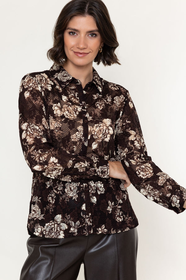 Carraig Donn Brown Printed Stretch Lace Button Down Long Sleeve Shirt