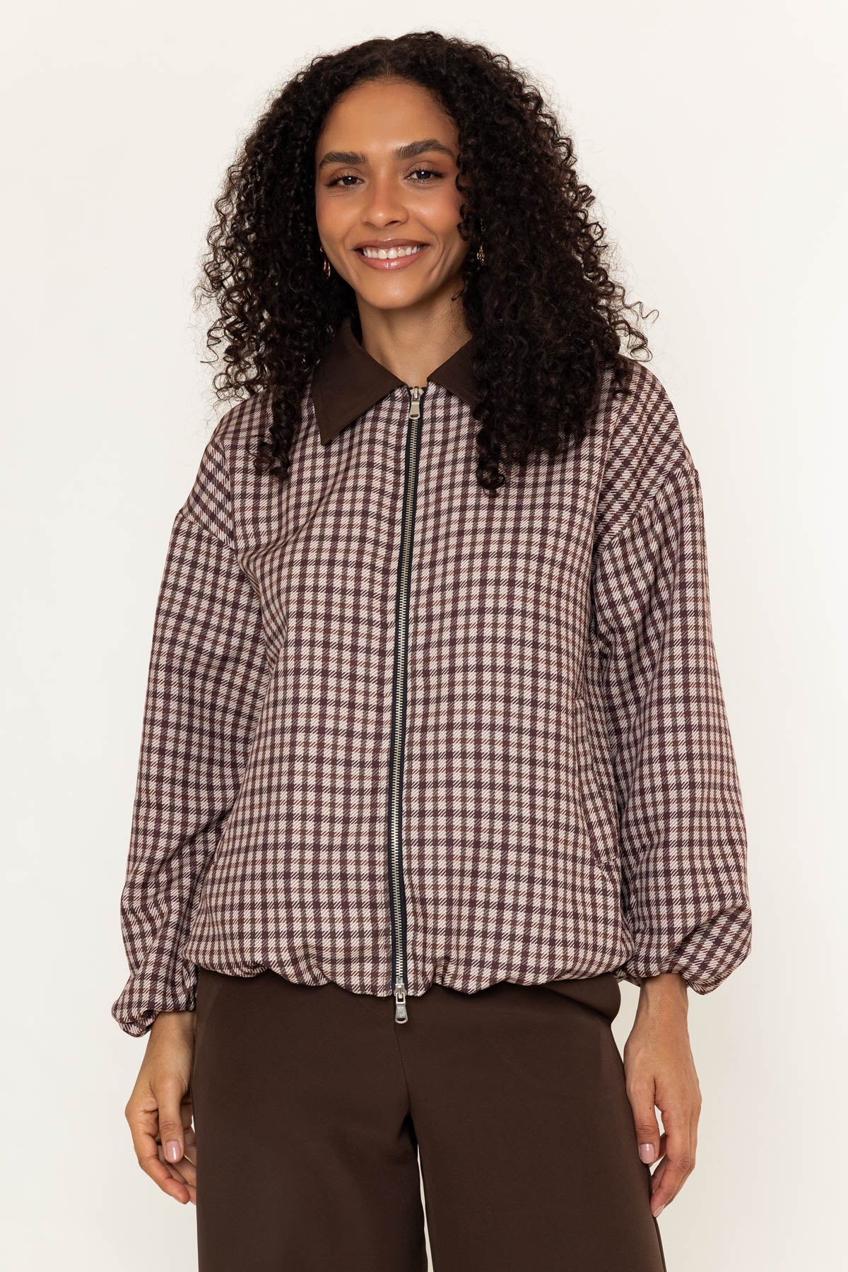 Brown Printed Zip Up Bomber Jacket