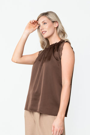 Carraig Donn Brown Sateen Lace Trim High Neck Sleeveless Top