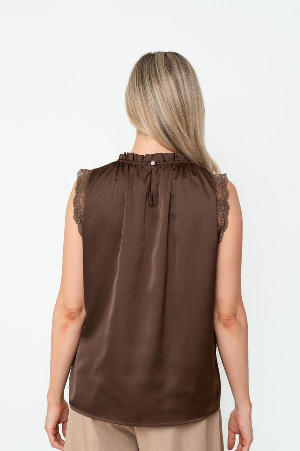 Carraig Donn Brown Sateen Lace Trim High Neck Sleeveless Top