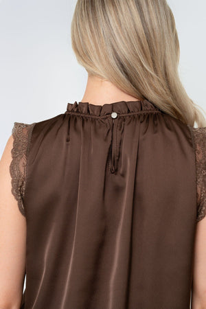 Carraig Donn Brown Sateen Lace Trim High Neck Sleeveless Top